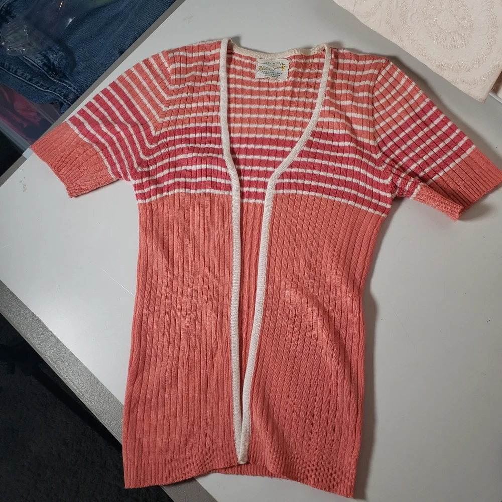 Vtg Open Coral Striped Cardigan Twin Set Matching AEO Cropped Babydoll Puff Slv